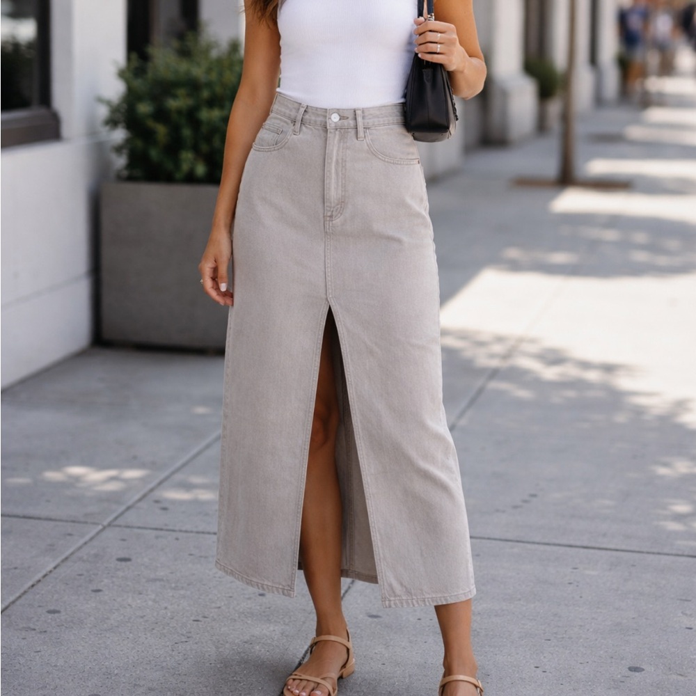 Abercrombie & Fitch High Waist Denim Jean Midi Skirt 10 Tall Gray